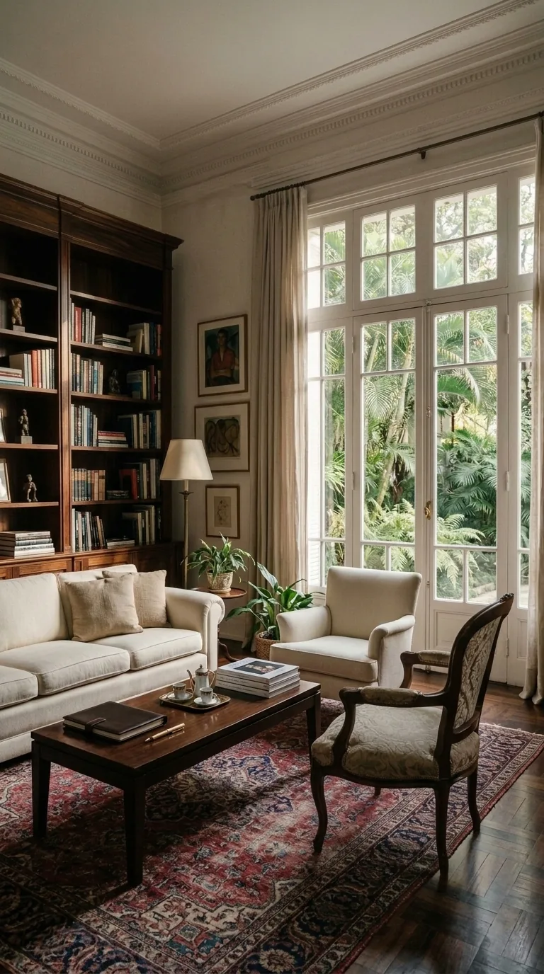 Sala com biblioteca, sofá creme e janelas altas