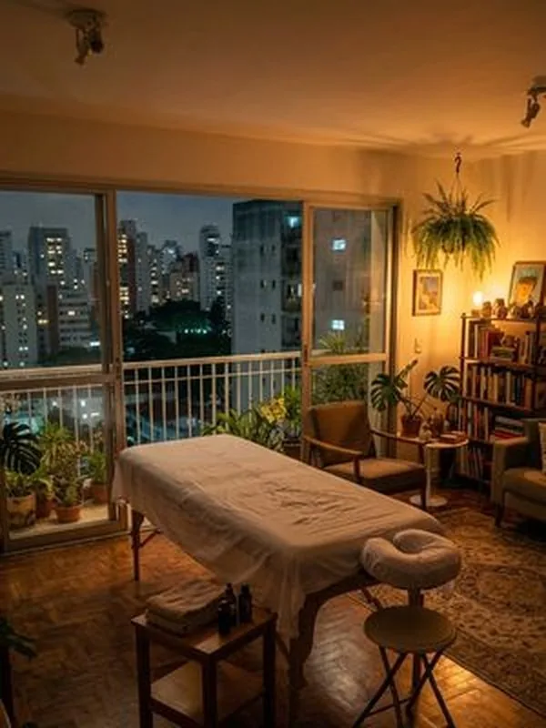 Sala de um apartamento à noite com uma maca de massagem montada e a cidade ao fundo