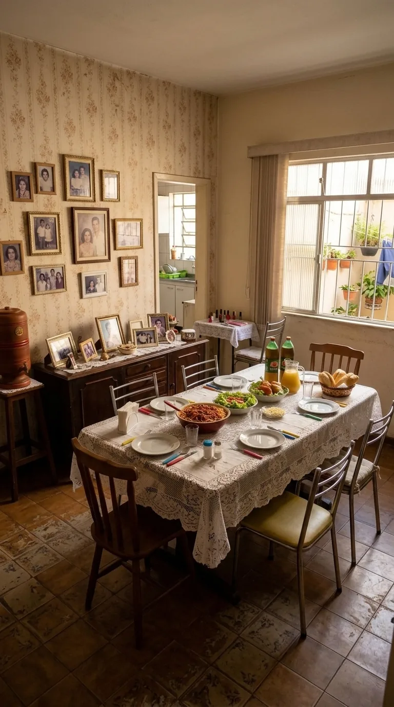 Sala de jantar da casa dos pais da Helena em Poá, com a mesa posta e porta-retratos na parede