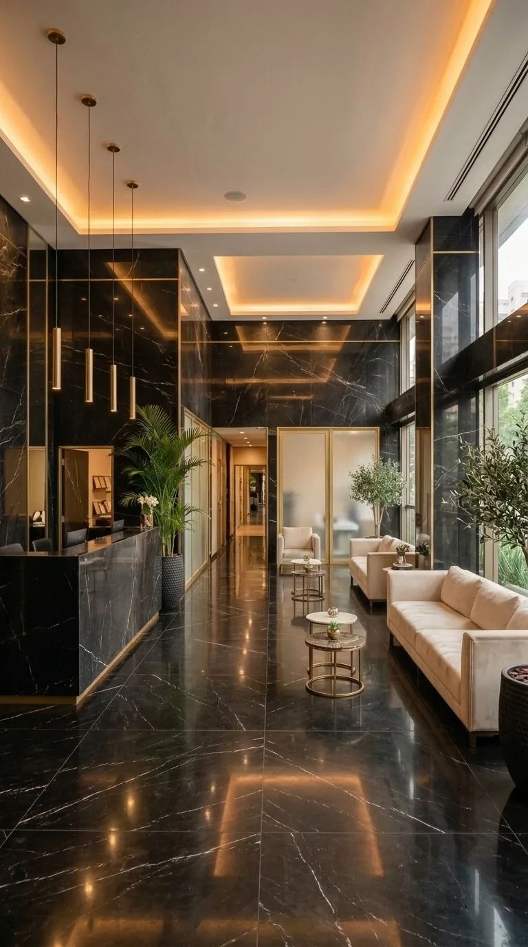 Recepção de uma clínica de estética com mármore preto e luz dourada