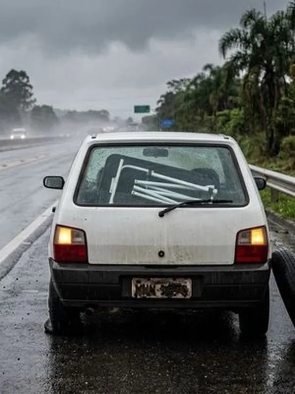 Carro branco numa estrada sob chuva, com a maca dentro