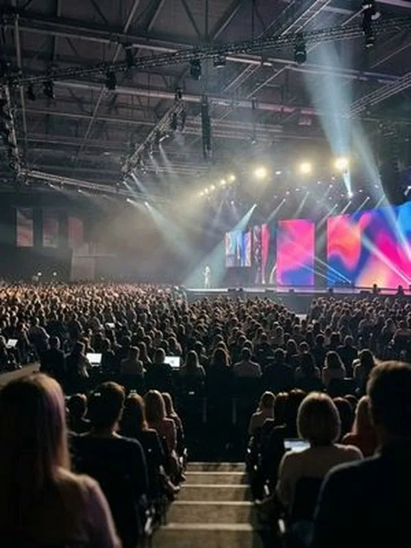 Plateia lotada diante de um palco iluminado