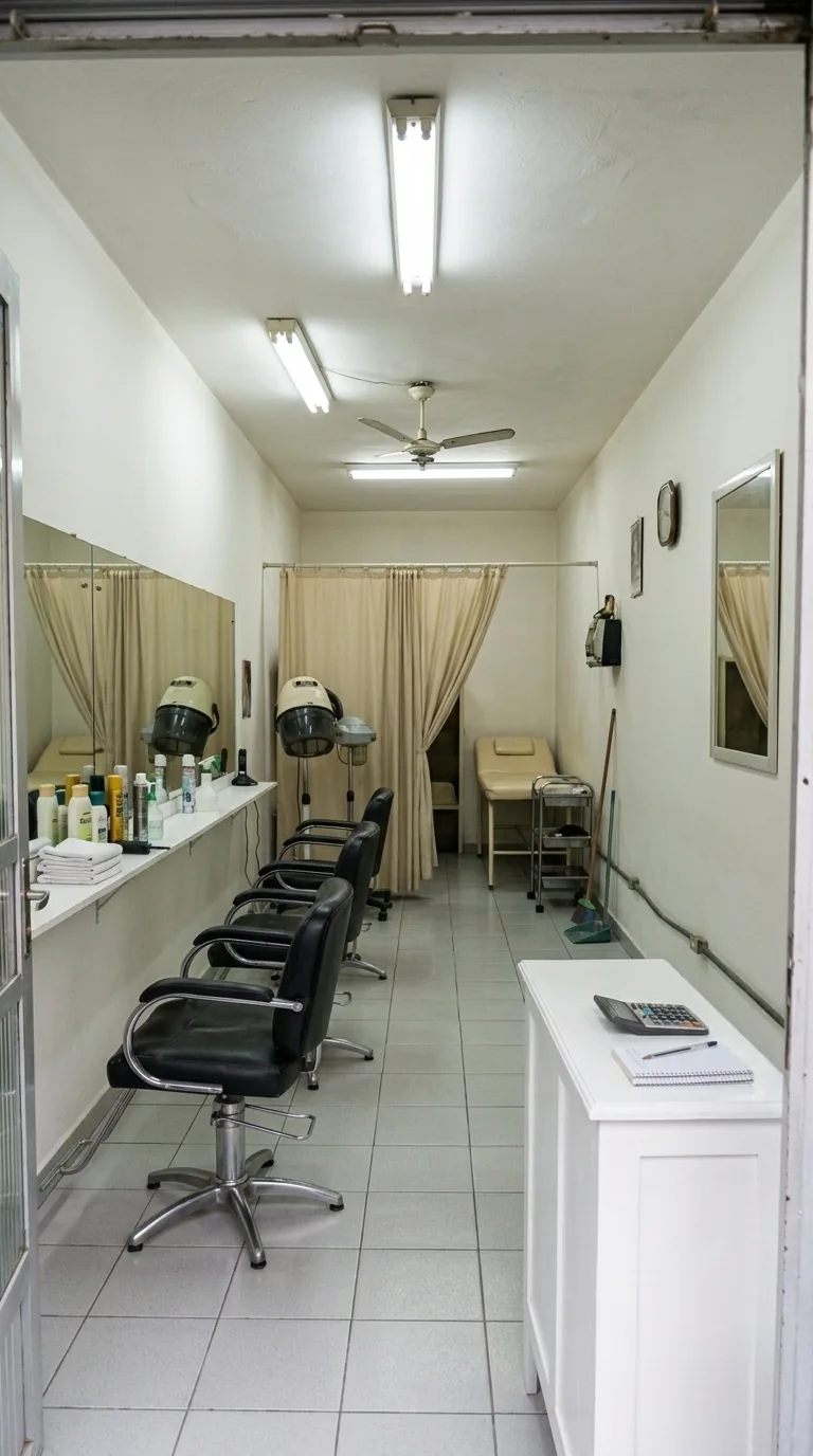 Salão de beleza de bairro com cadeiras e bancada