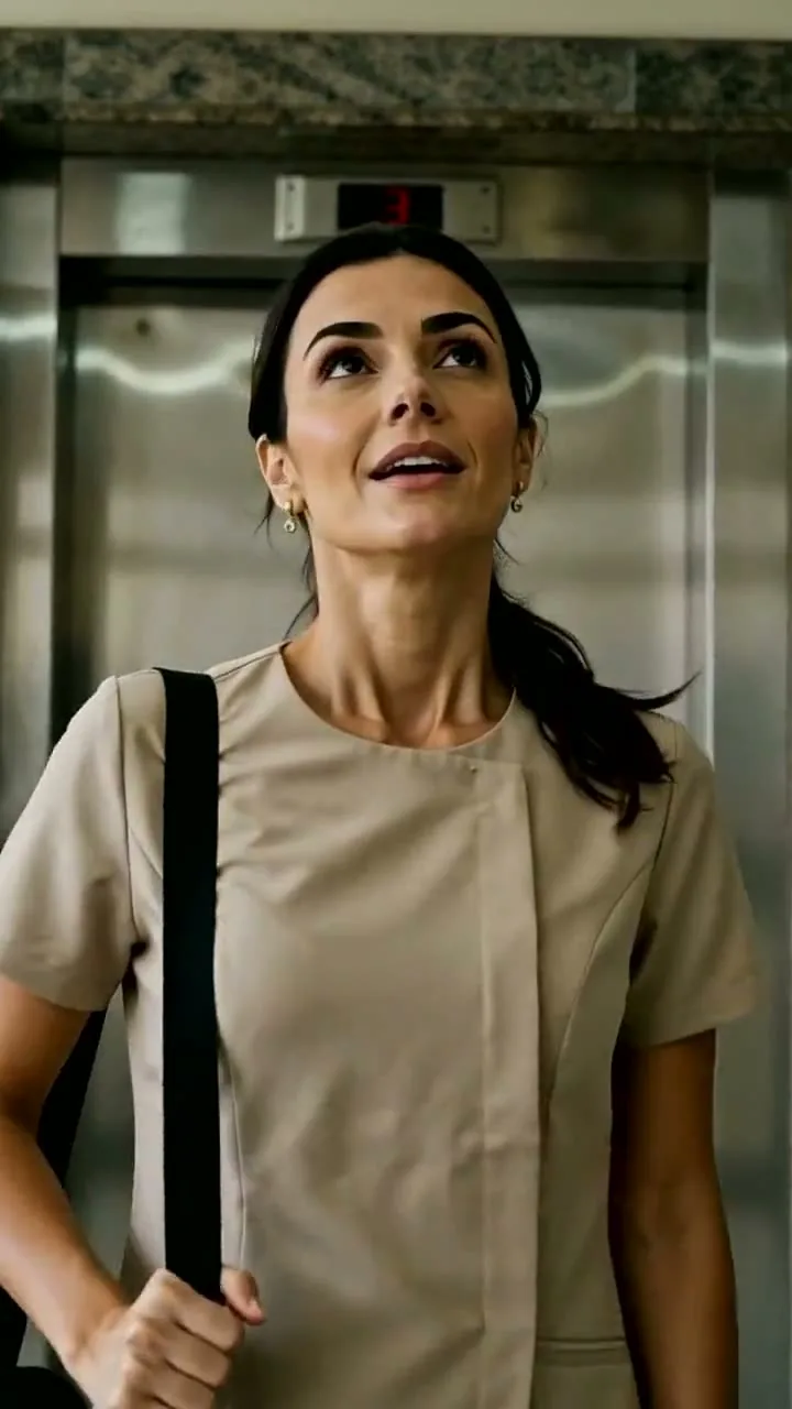 Helena com a bolsa da maca no ombro diante de um elevador
