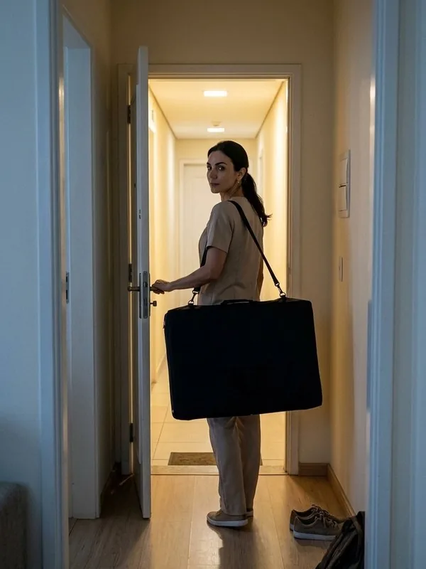 Helena, personagem da série, saindo de casa com a maca no ombro