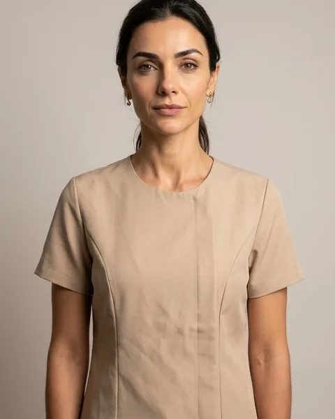 Helena, protagonista da série, de uniforme bege, personagem fictícia criada com inteligência artificial