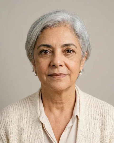 Dona Lúcia, cliente da Helena, de cabelo grisalho, personagem fictícia criada com inteligência artificial